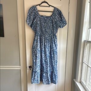 Pink City Prints Blue and White Smocked Midi Sundress with Flutter Sleeves XL